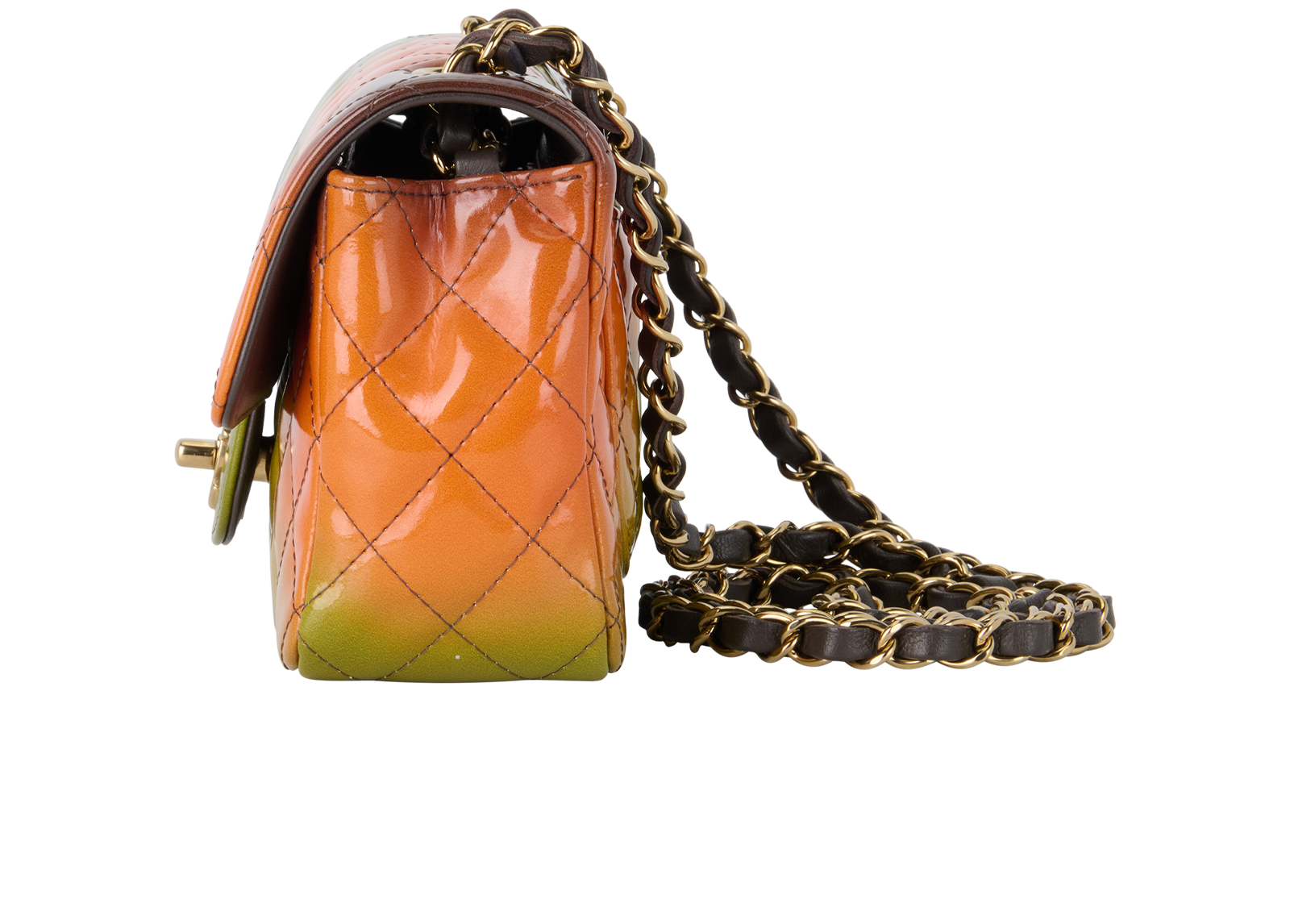 Mini Sunset Flap Bag, &pound;2,950, Handbags, Brown/Green/Orange, Patent Leather, Bottom view